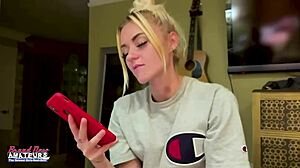 Petite mature blonde sassy rubs her nipples and deep fingers her twat