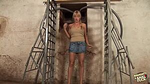 Busty blonde gets captured and has her asshole railed by a group of masked men