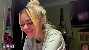 Petite mature blonde sassy rubs her nipples and deep fingers her twat