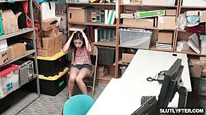 Shoplifter Jasmine Gomez gets punished with hardcore blowjob in the shop