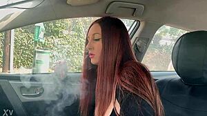 Italian long hair hot milf artemisia love solo in the car smoking fetish session