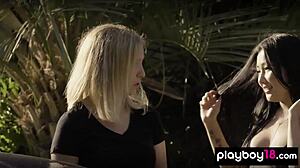 Petite Asian teen Jade Luv and bubble-covered bffs tease in tiny bikinis