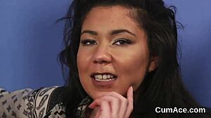 Hot looker swallows cum after facial.