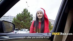 Holy Hell! Teen in Sexy Santa Outfit Bangs for Christmas Cash Outdoors