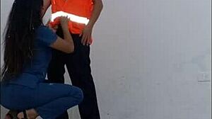 cleaning employee seduced by hospital nurse, puts on condom to fuck her like a slut standing in office hallways