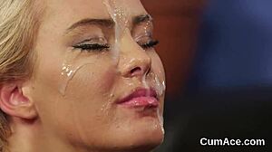 Hot looker swallows cum after facial.