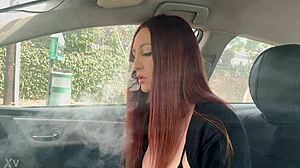 Italian long hair hot milf artemisia love solo in the car smoking fetish session