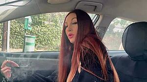 Italian long hair hot milf artemisia love solo in the car smoking fetish session