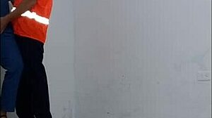 cleaning employee seduced by hospital nurse, puts on condom to fuck her like a slut standing in office hallways