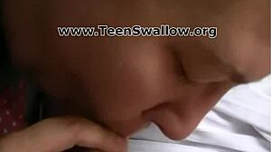 Teen swallows jizz in young cum scene