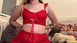 Girl in red outfit showing body and feet
