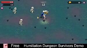 Detailed humiliation in dungeon survivors game with erotic monster femdom scenes.