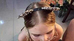 pretty blonde teen deepthroats with glasses