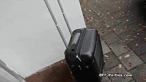 Teen stewardesses in uniform spread for monster cock group