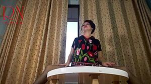 Curvy Lady Strips in Pantyhose and Heels at Table