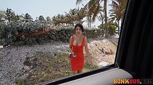 sexy engineer girl measures huge tools in wild car setting