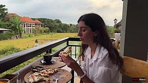 Eating pizza with cum on my face in a public cafe