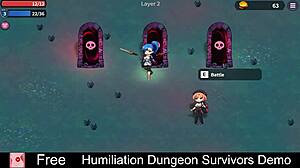 Detailed humiliation in dungeon survivors game with erotic monster femdom scenes.