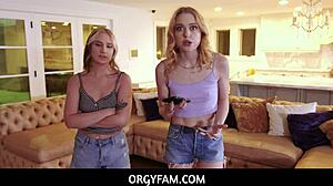 orgyfam stepsisters take turns on stepbrother's cock. hot group action unfolds with horny teens.