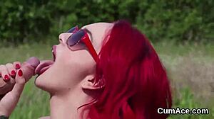 Naughty looker gets cumshot on her face sucking all the load