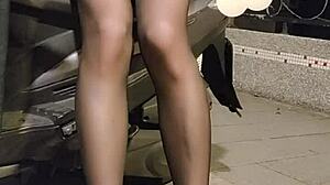 Shemale ting xuan, office lady, masturbates outdoors in stockings and heels