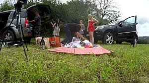 Girls Try On Lingerie Outdoors Without Panties