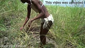 Skinny Ebony Woman Works Outdoor In African Tribe