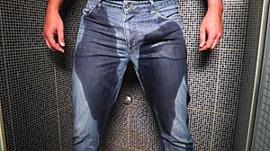Guy pees in wet jeans and cums publicly