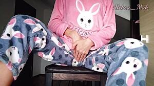 Horny Teen Stepdaughter in Pajamas Teases with Small Boobs and Pussy Play