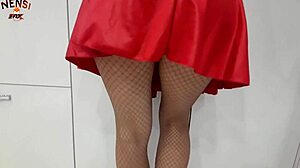 The housewife says, 'I love masturbating through my torn pantyhose.'