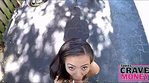 This teen rides a dildo on a motorcycle to earn some money, pretty wild