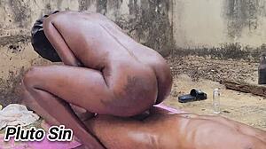 Nasty ebony bitch fucks brother-in-law with big black cock outdoors!