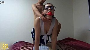 Young brunette student gives handjob and blowjob to old teacher then doggystyle.