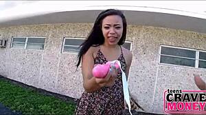 This teen rides a dildo on a motorcycle to earn some money, pretty wild