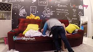 Hot wife Thay Ksada fucks delivery boy on sofa, cuckold style