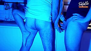 Wife Sucks Two Cocks In Neon Light Threesome