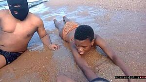 Young couple's wet beach sex with tight pussy