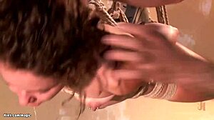 Hairy pussy ginger gets bound and banged in group