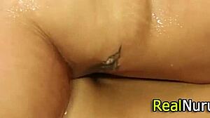 Massaging Beauty Banged with Handjob and Monster Cock