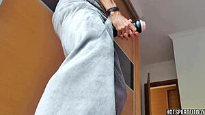 Latino bodybuilder feels intense pleasure fucking fleshlight at window, cumming inside