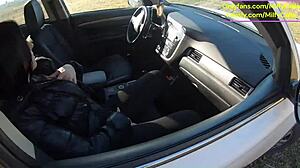 tight leather pants no panties and a wet surprise in my car a steamy blowjob outdoors followed by a rough forest fuc