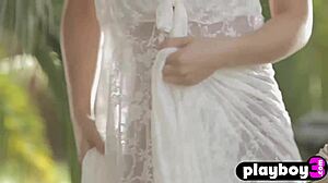 Busty milf babe does passionate striptease outdoors, getting naked