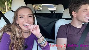 Sexy teen fucks during road trip, pulls over for cum facial.