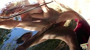 While on her break from shoveling the busty redheaded slut gets her ass pummeled outdoors