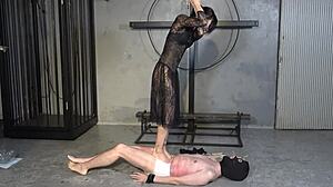 japanese mistress dominates slave with clothespins on nipples and cock in bdsm