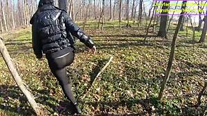 tight leather pants no panties and a wet surprise in my car a steamy blowjob outdoors followed by a rough forest fuc