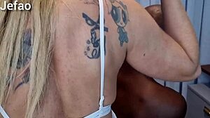 Milf rides big black cock for creampie with horny blonde