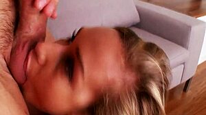 Kennedy Leigh, the classy blonde babe in glamour heels, licks up his cum after facial and fingering