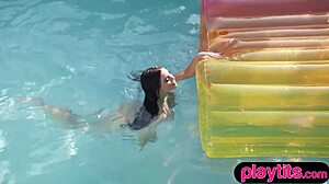 Big tits curvy milf strips nude in the pool to expose big wet ass