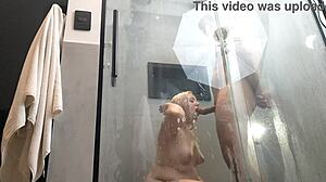 I left my cell phone hidden in the bathroom to film my hot aunt with her boyfriend! She has long hair and blue eyes in amateur action.